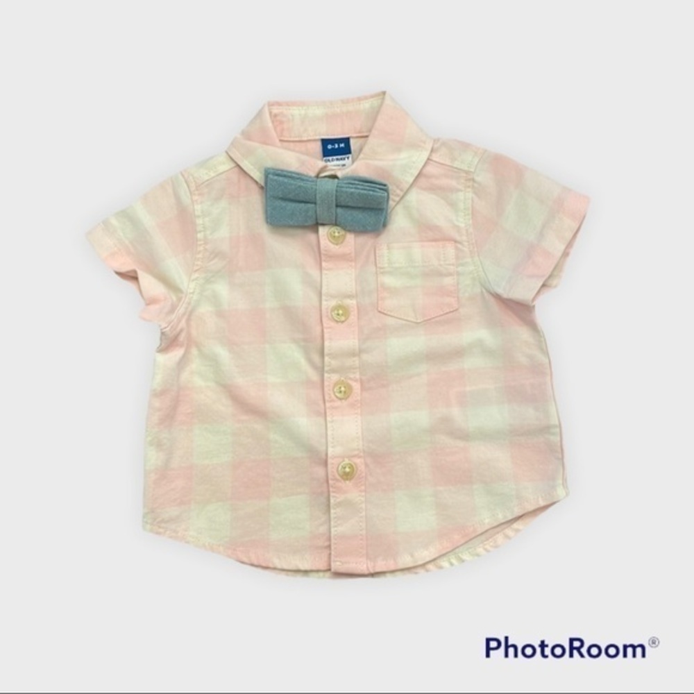 Pink and white plaid bow tie shirt- 89